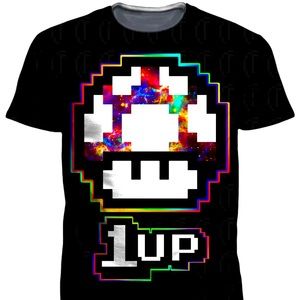 Level 1 Up Mushroom Mens T Shirt Black/ Multicolored Outline Xxl